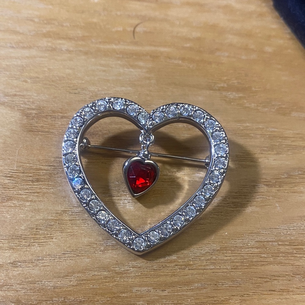 Silver Tone Heart Brooch with Red Heart Pendant